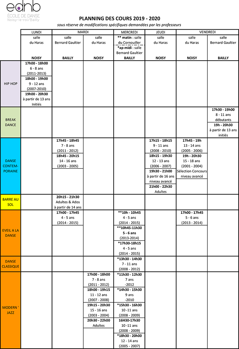 Planning des cours 2019-2020