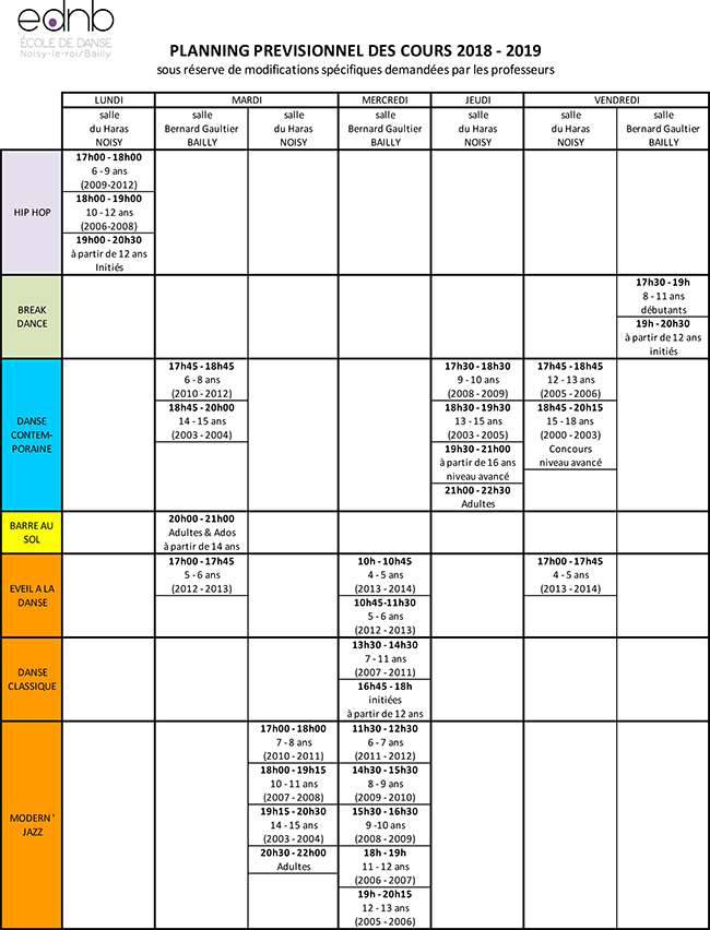 Planning des cours 2018-2019